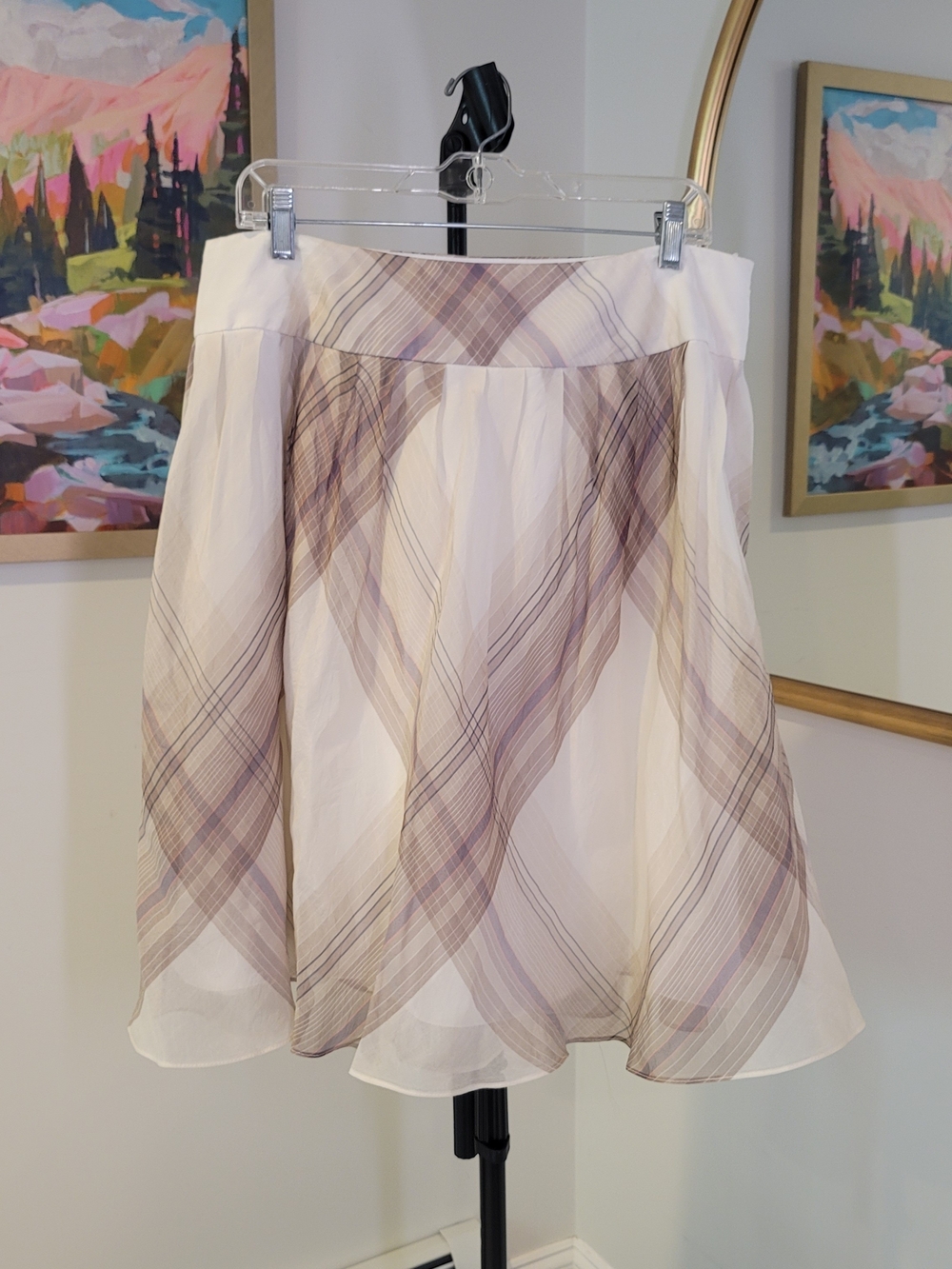 TALBOTS Silk Skirt Plaid Neutral Preppy Tan Luxurious Women's Size 16